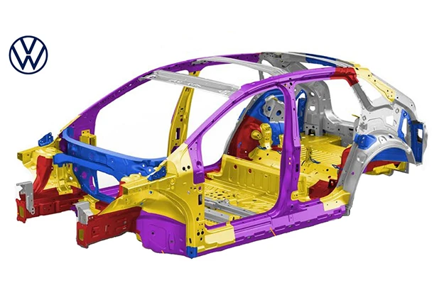 R&eacute;partition de la carrosserie Volkswagen&nbsp;: acier doux &agrave; haute r&eacute;sistance form&eacute; &agrave; chaud et acier form&eacute; &agrave; chaud et acier &agrave; haute r&eacute;sistance form&eacute; &agrave; chaud et acier doux &agrave; haute r&eacute;sistance form&eacute; &agrave; chaud et acier moul&eacute; &agrave; chaud. Application de l'aluminium